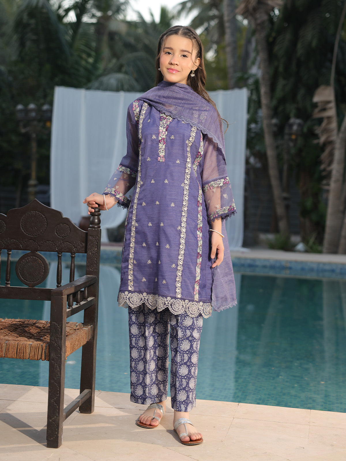 Oaks - Embroidered Slub net polly Suit For Girl - Navy Blue - 3 Piece