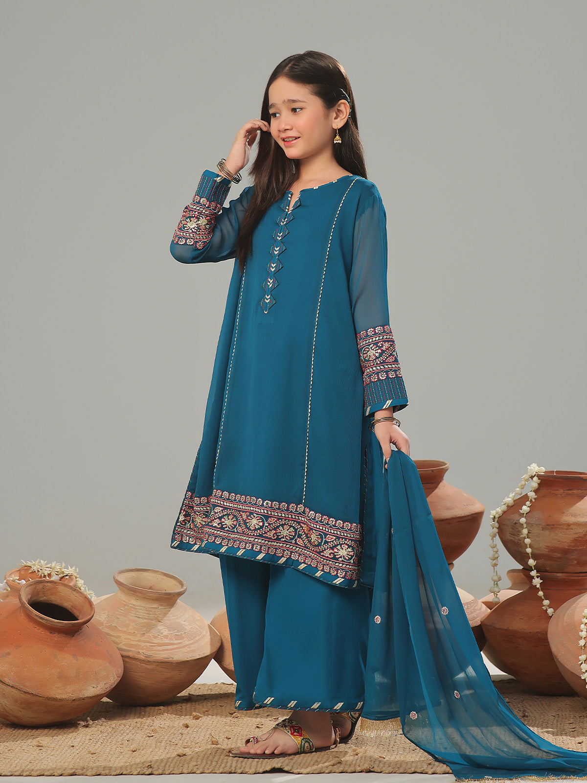 Oaks - Embroidered Suit Pret Dyed Chiffon Teal  - 3 Piece