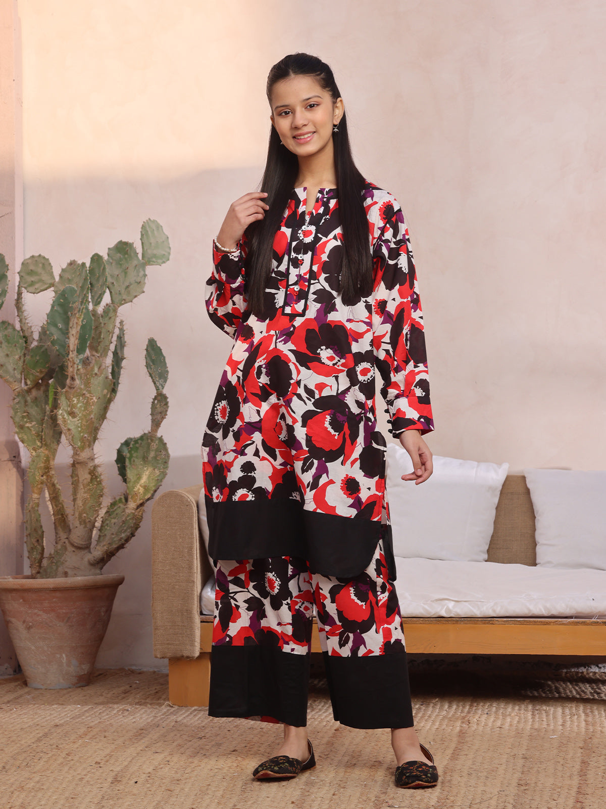 Oaks - Printed Pret Shirt Trouser Lawn Red & Black  - 2 Piece