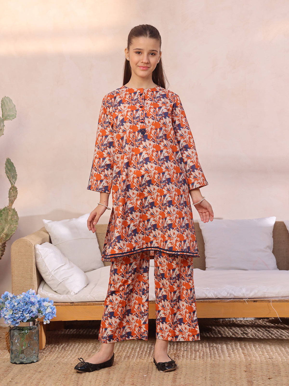 Oaks - Printed Pret Shirt Trouser Lawn Orange & Blue  - 2 Piece