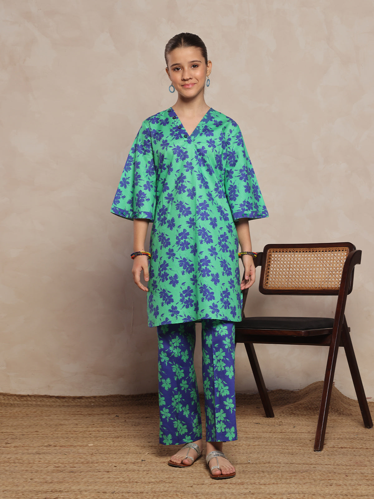 Oaks - Printed Pret Shirt Trouser Cambric Green & Blue  - 2 Piece