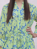 Oaks - Printed Pret Kurti Cambric Green & Blue  - 1 Piece