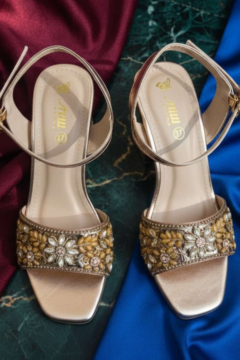 Milli Shoes - Hand Embroidered Block Heels Sandals For Women - Rose Gold