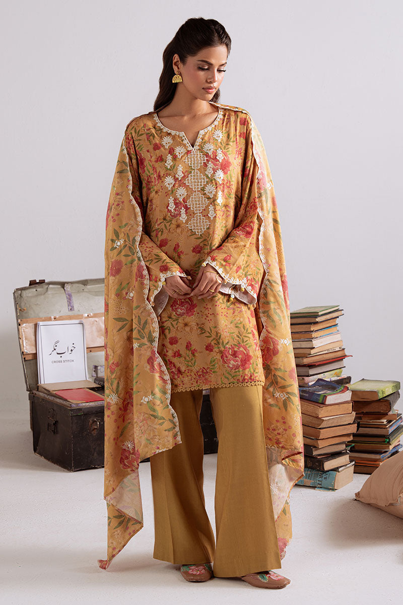Cross Stitch - Mustard Orchid - Linen Printed Suit - 3 Piece - Unstitch