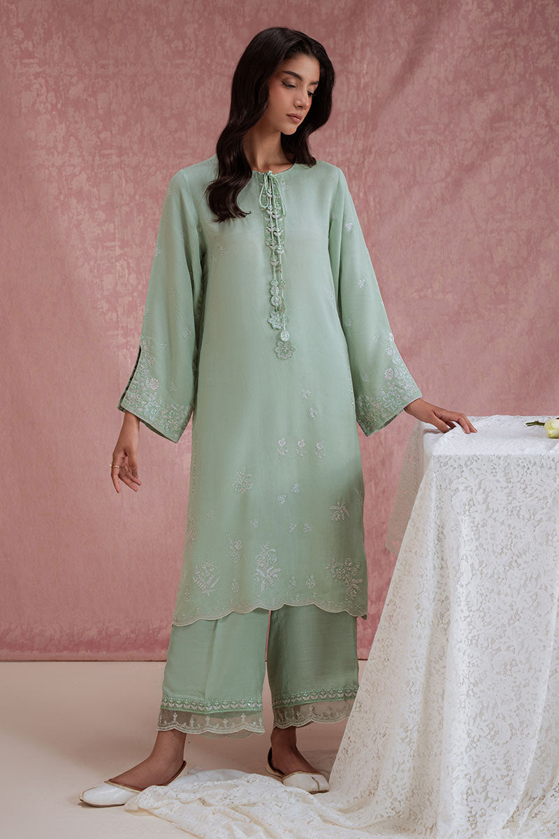 Cross Stitch - Green Reverie Raw Silk Suit For Women - Green - 2 Piece