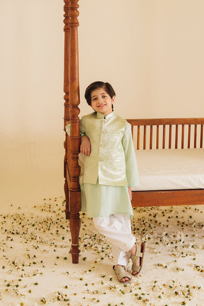 Hummingbirdspk - Mint Silk Jamawar Waistcoat - 1 Piece