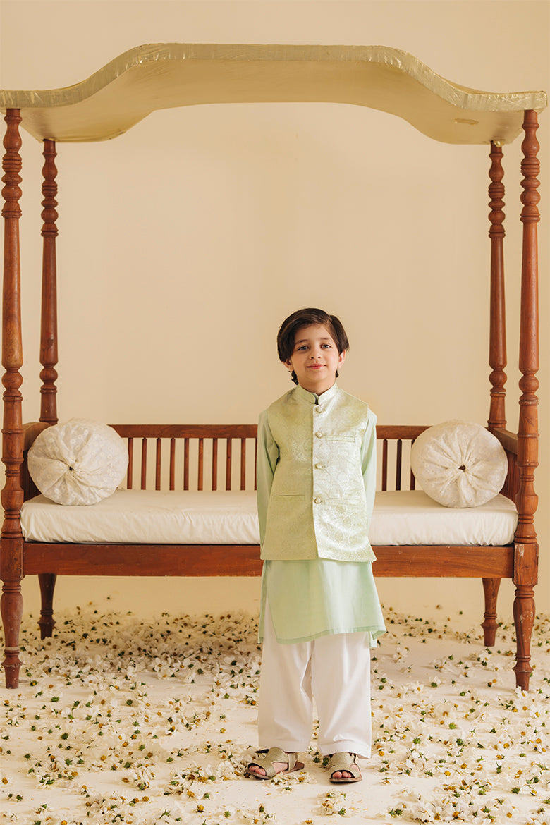 Hummingbirdspk - Mint Silk Jamawar Waistcoat - 1 Piece
