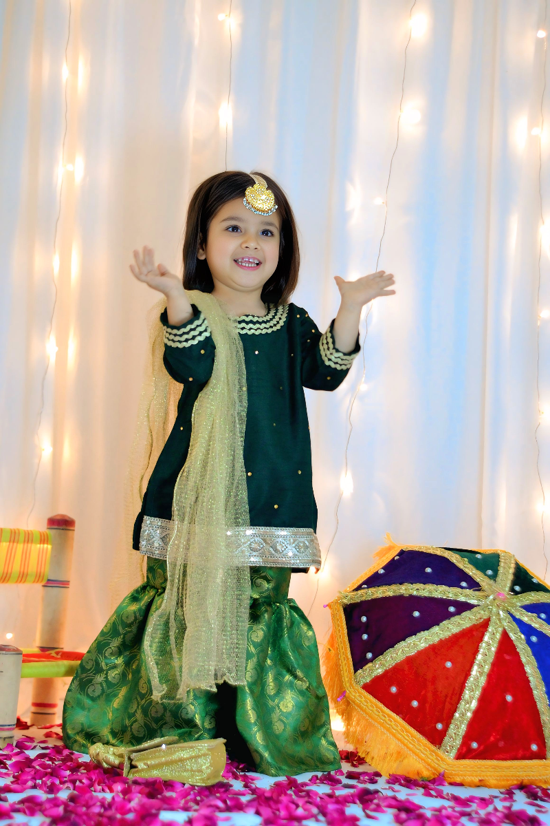 Mom4Little - Bottle Green Lehenga Set - Silk & Janawar with net - 3 Piece