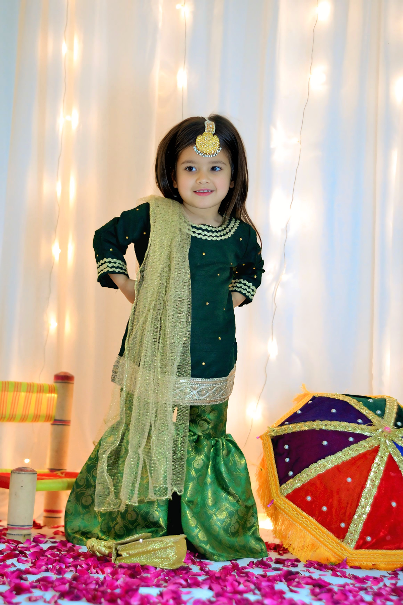 Mom4Little - Bottle Green Lehenga Set - Silk & Janawar with net - 3 Piece