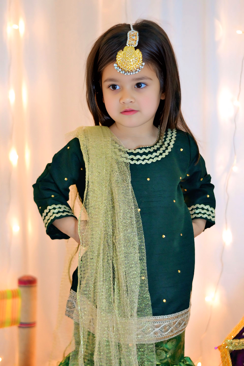 Mom4Little - Bottle Green Lehenga Set - Silk & Janawar with net - 3 Piece