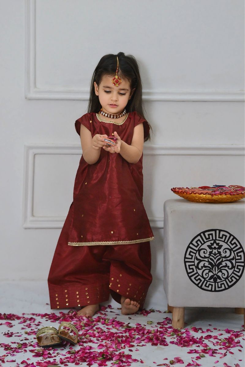 Mom4little - Maroon Katan Farshi shalwar set - 2 Piece