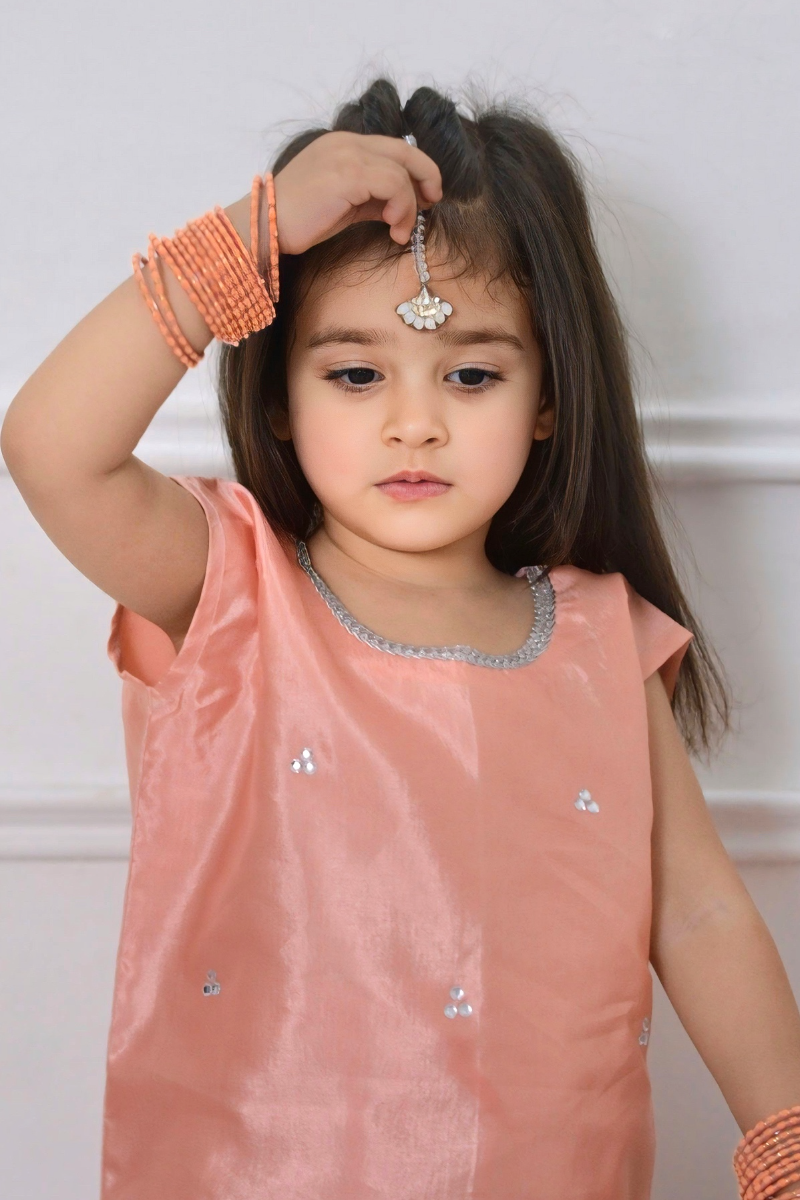 Mom4little - Peach Katan Farshi shalwar set - 2 Piece