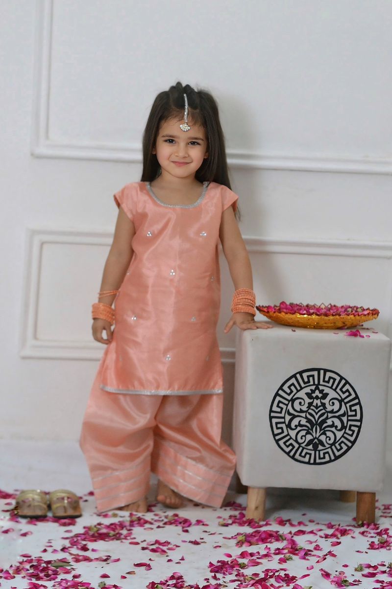 Mom4little - Peach Katan Farshi shalwar set - 2 Piece