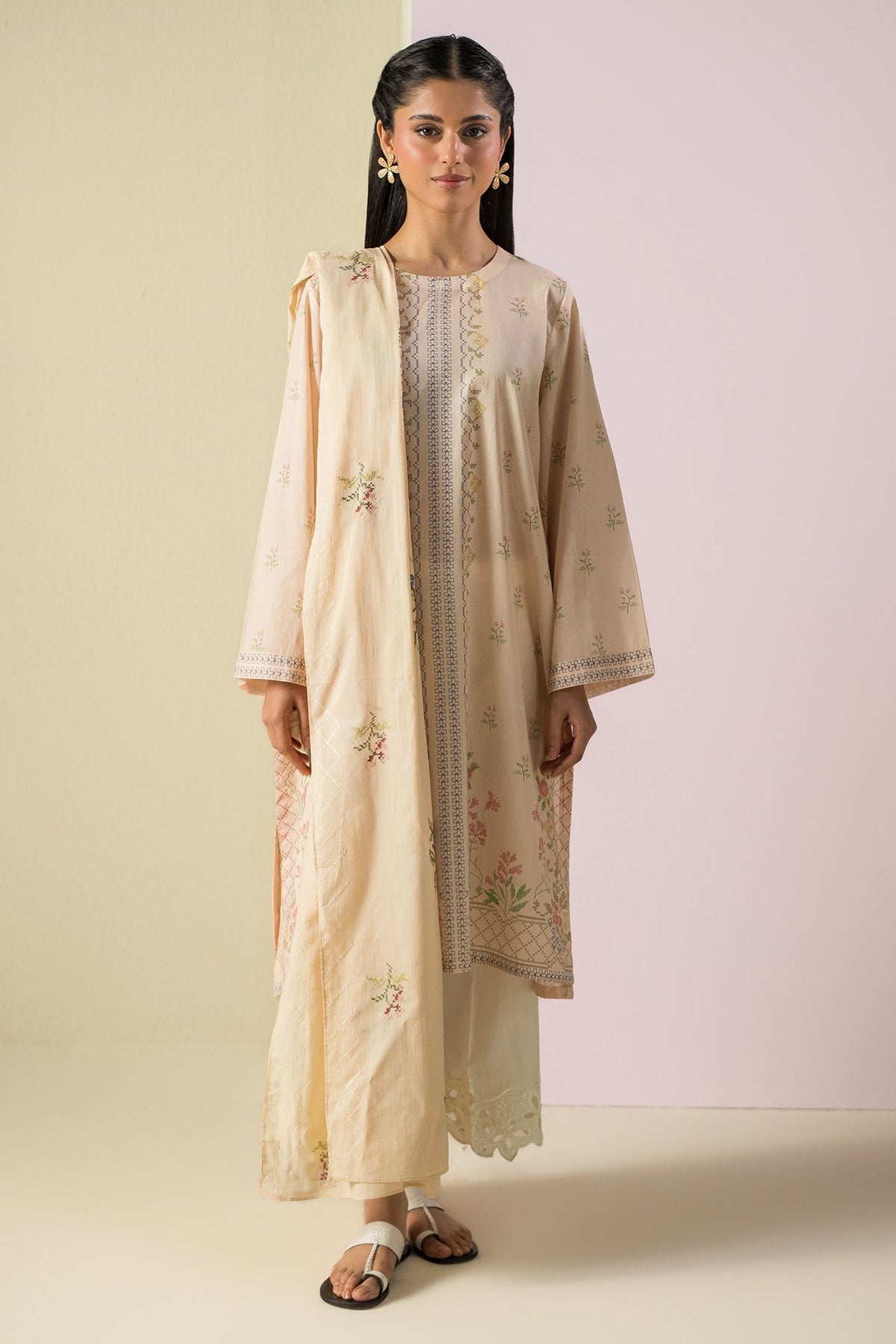 Cross Stitch - Lawn Pastel Threads  Suit For Women - Peach - 2 Piece