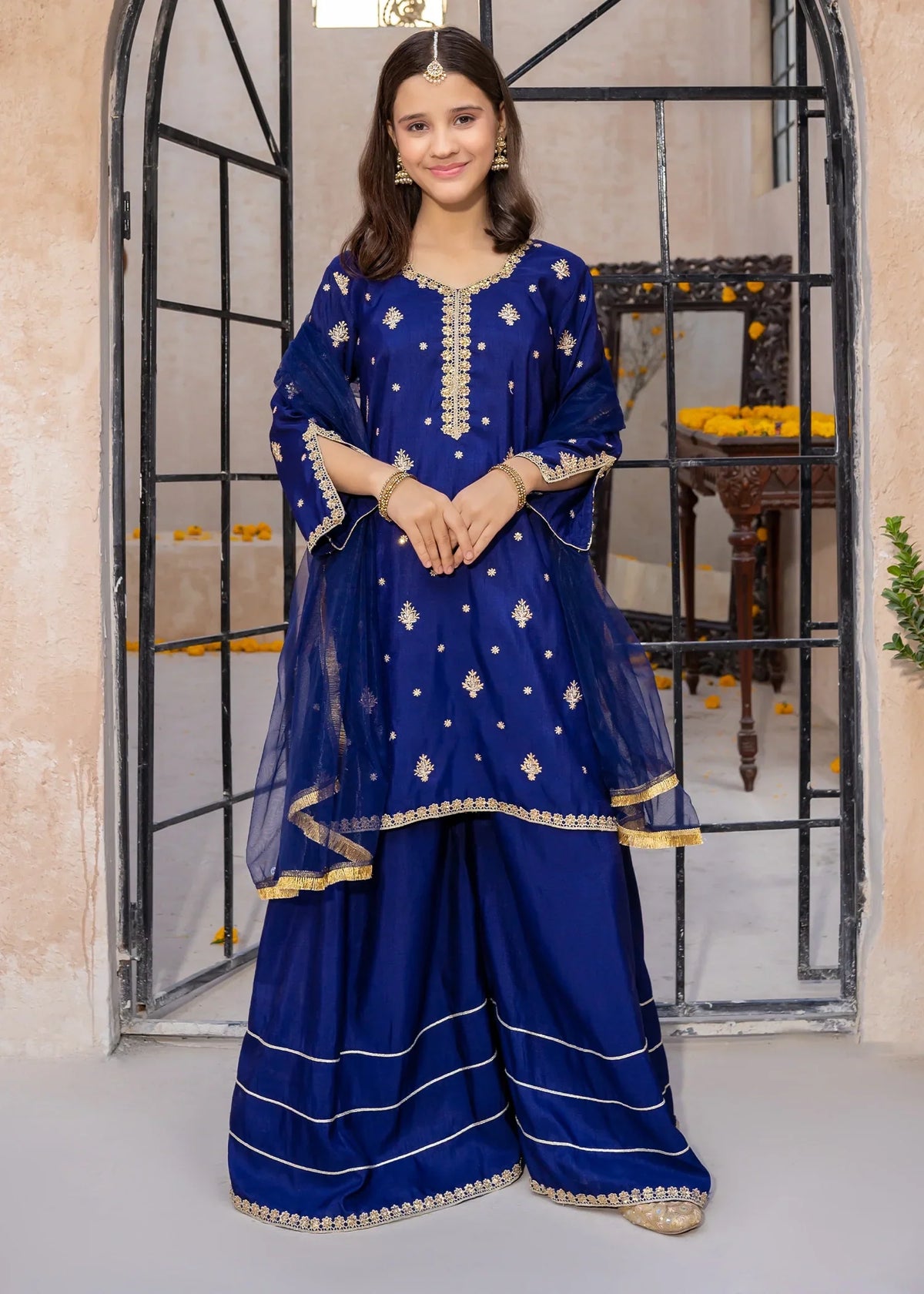 Modest - Rawsilk Embroidered Gharara For Girl - Blue - 3 Piece