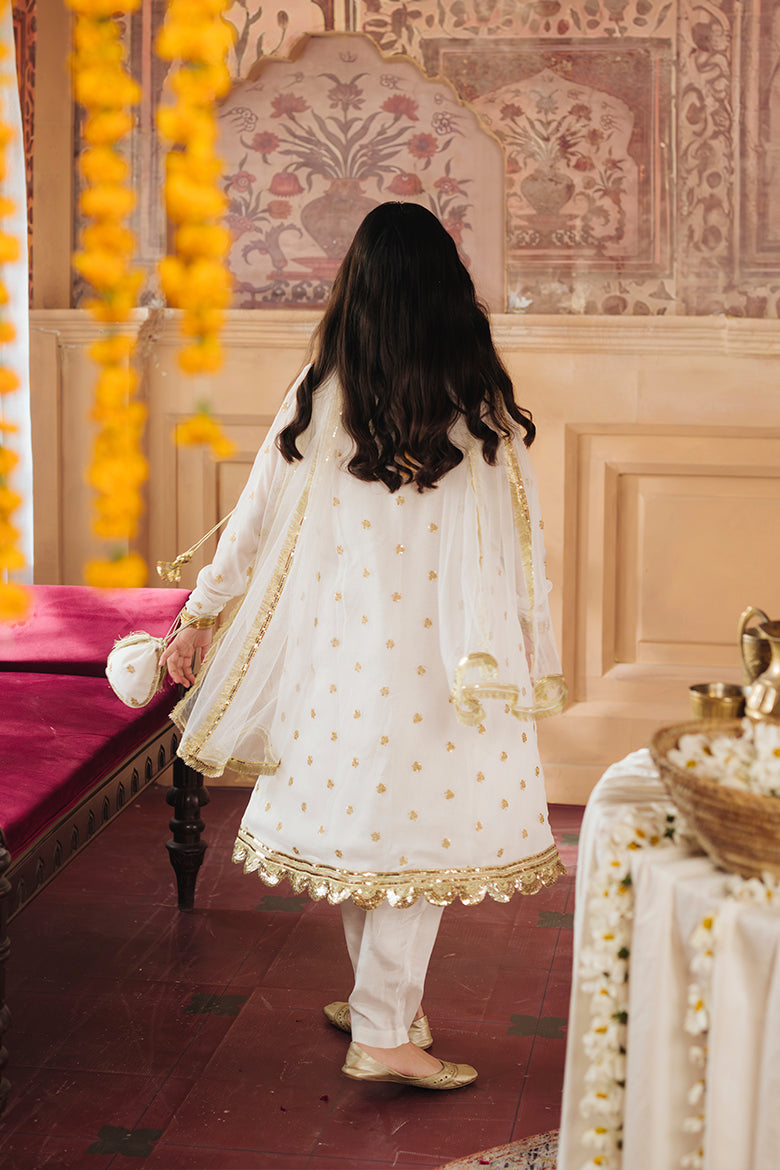 Hummingbirdspk - Nargis - White & Gold embroidered Chiffon Angrakha Suit (4-Piece)