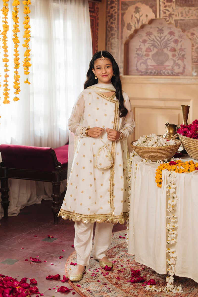 Hummingbirdspk - Nargis - White & Gold embroidered Chiffon Angrakha Suit (4-Piece)