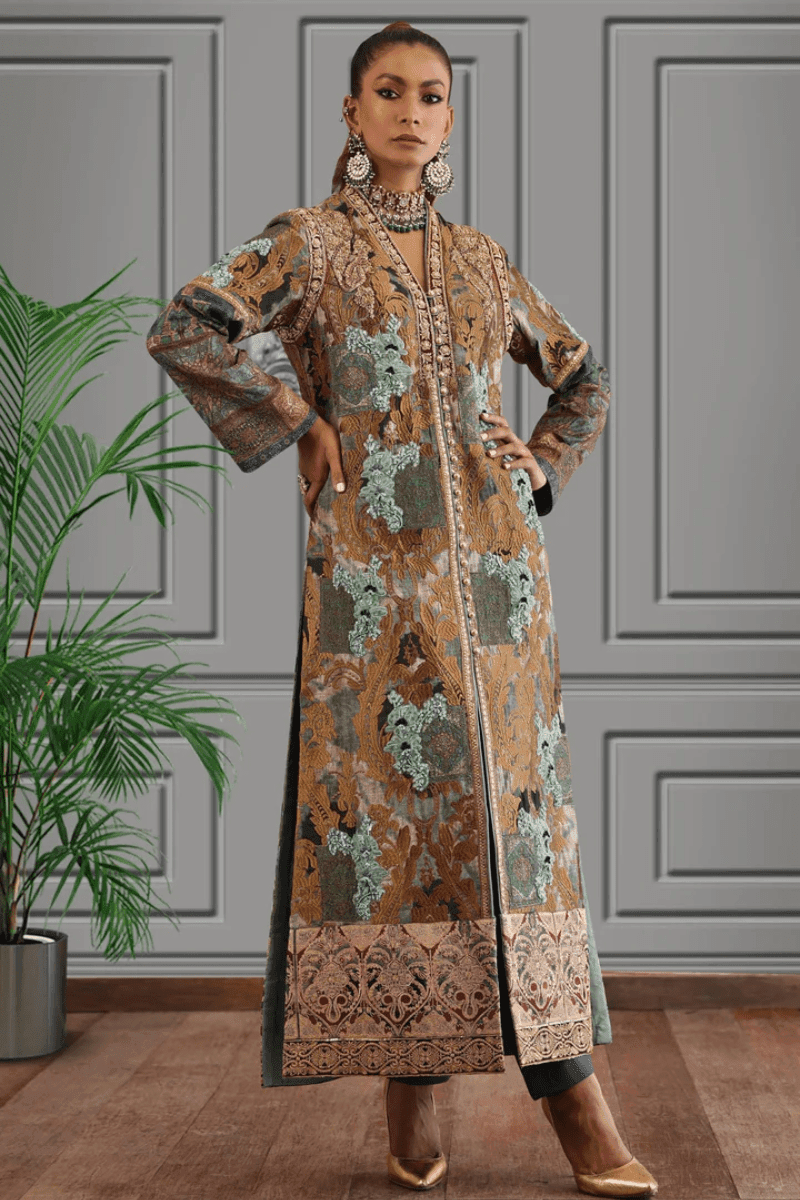 Shamaeel - Silk Embroidered Long Shirt with Silk Plain Blue Straight Pants - Studio by TCS