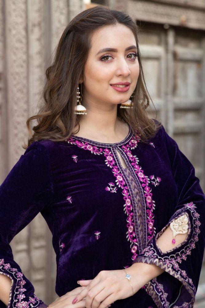 Omal by Komal - Phulkari - Purple - Velvet & Organza - 3 Piece