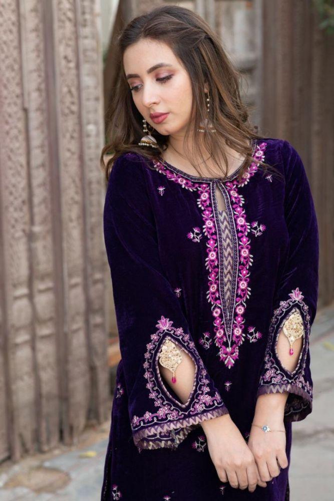 Omal by Komal - Phulkari - Purple - Velvet & Organza - 3 Piece