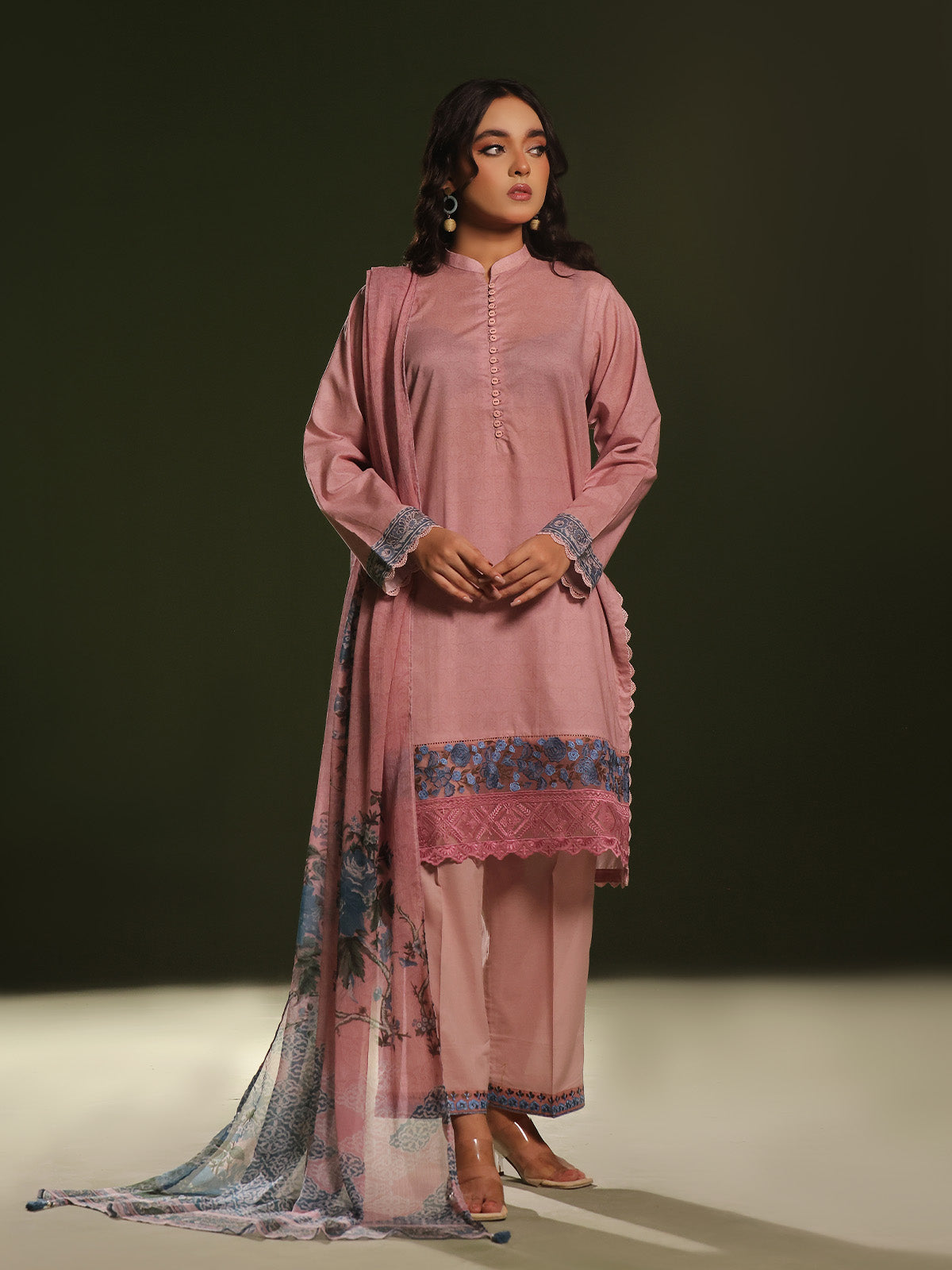 Oaks - Embroidered Unstitched Cambric Pink  - 3 Piece