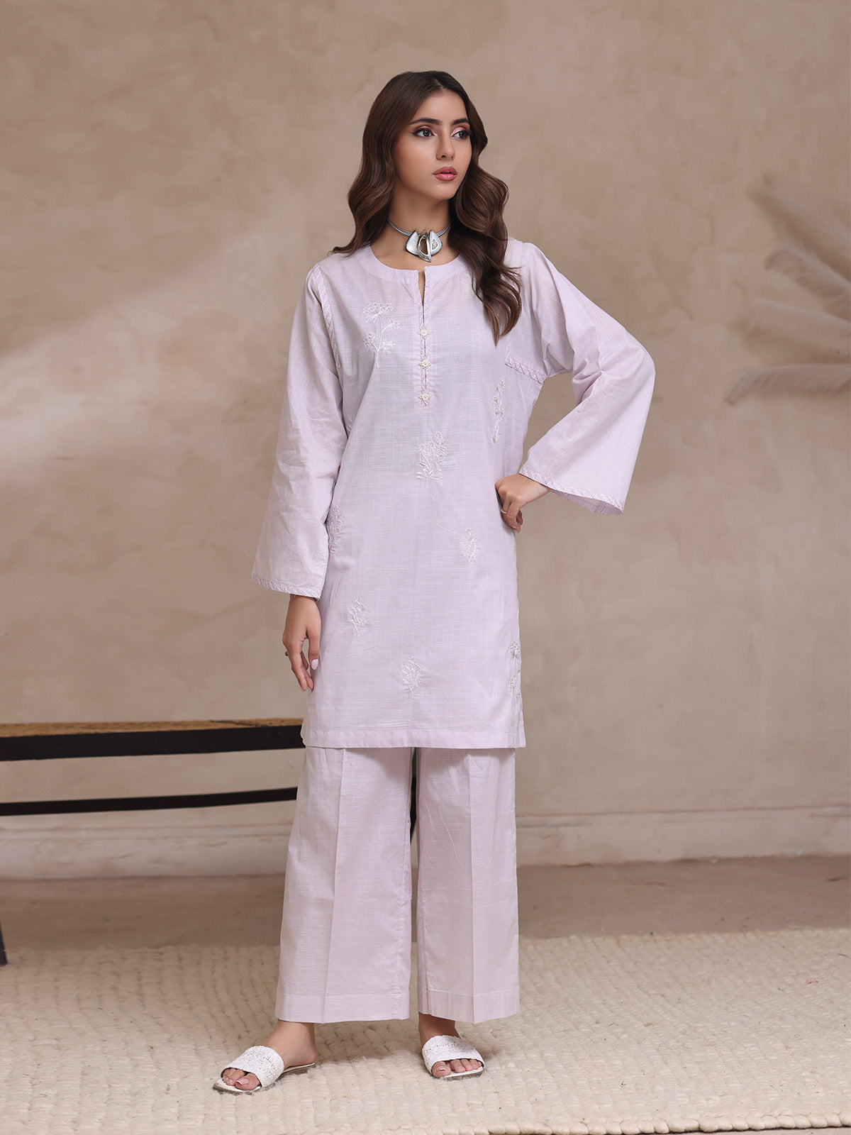 Oaks - Embroidered Slub Suit For Women - Light Grey - 2 Piece
