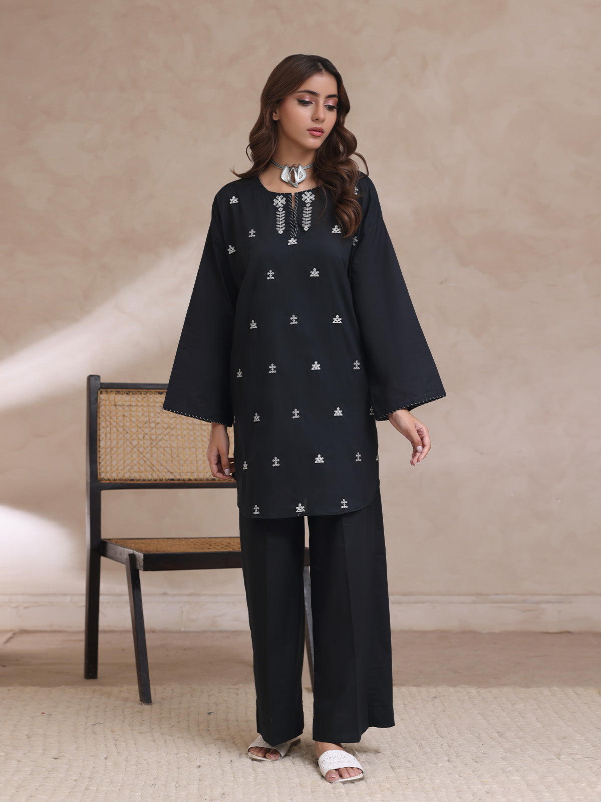 Oaks - Embroidered Cambric Suit For Women - Black - 2 Piece