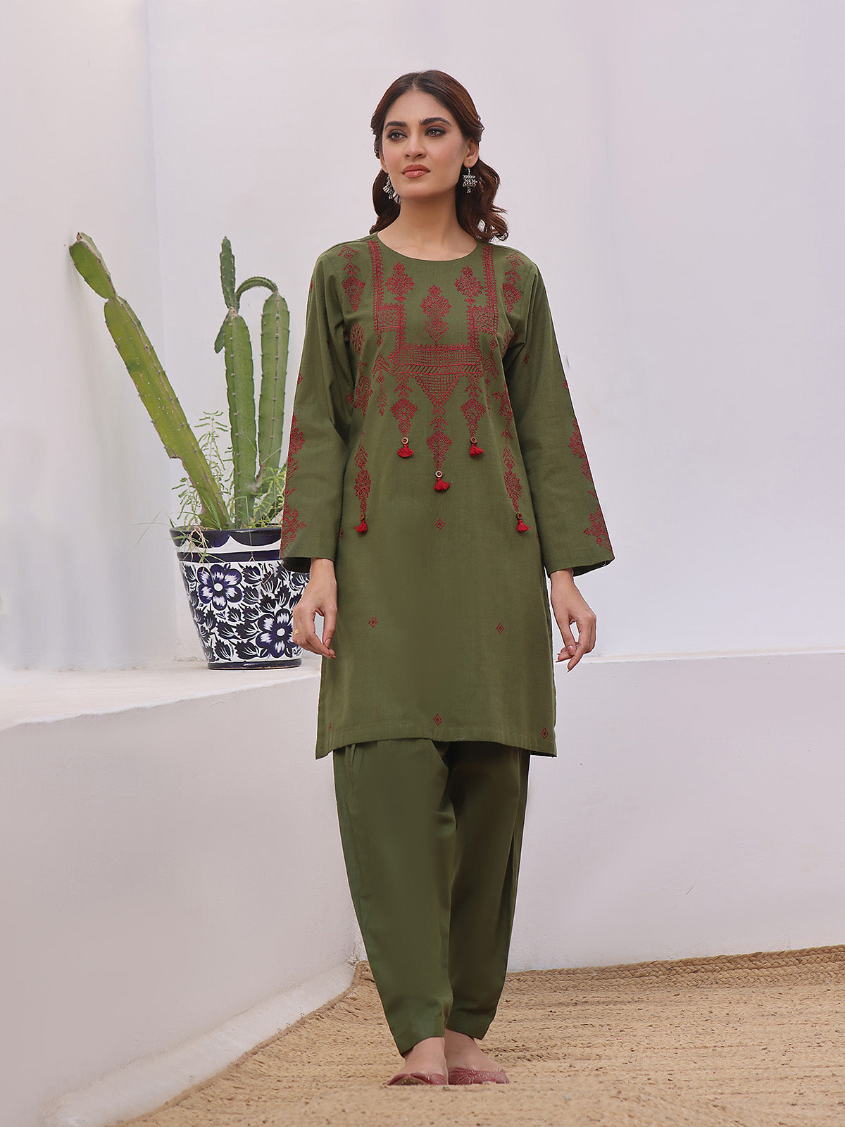 Oaks - Embroidered Pret Shirt Trouser Khaddar Green  - 2 Piece