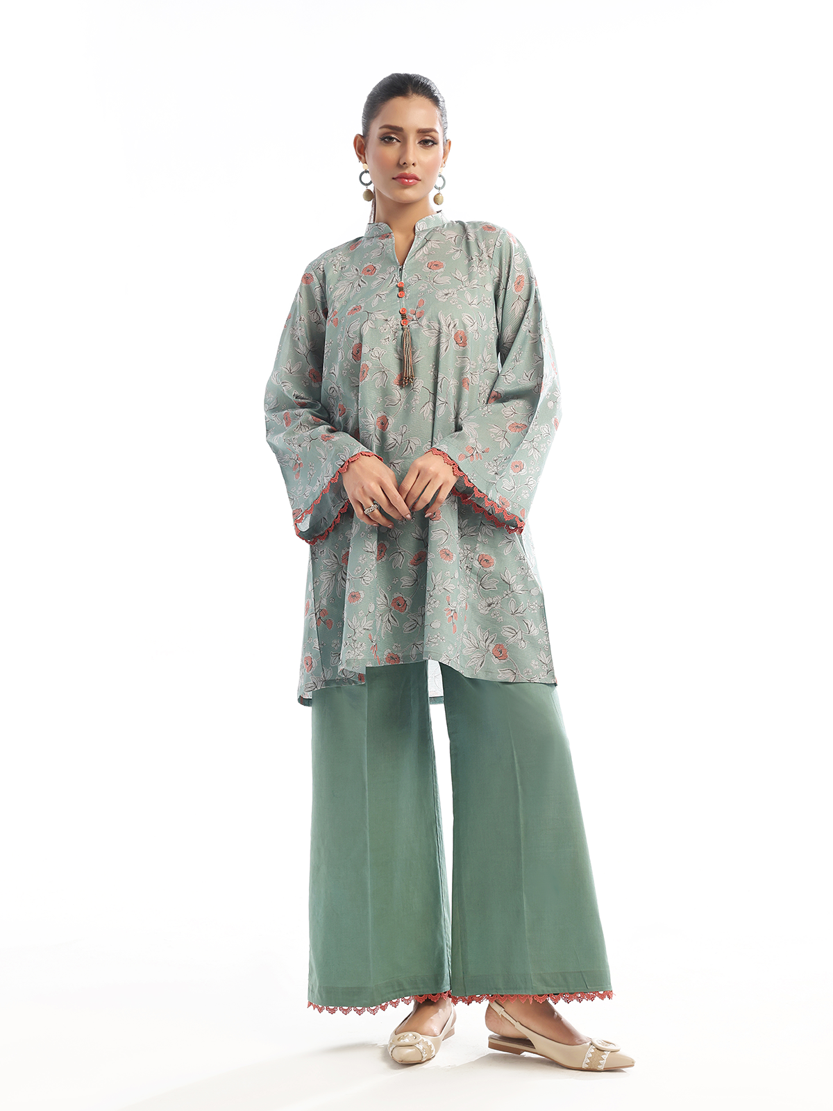 Oaks - Printed Pret Shirt Trouser Maisoori Lawn Green & Orange  - 2 Piece