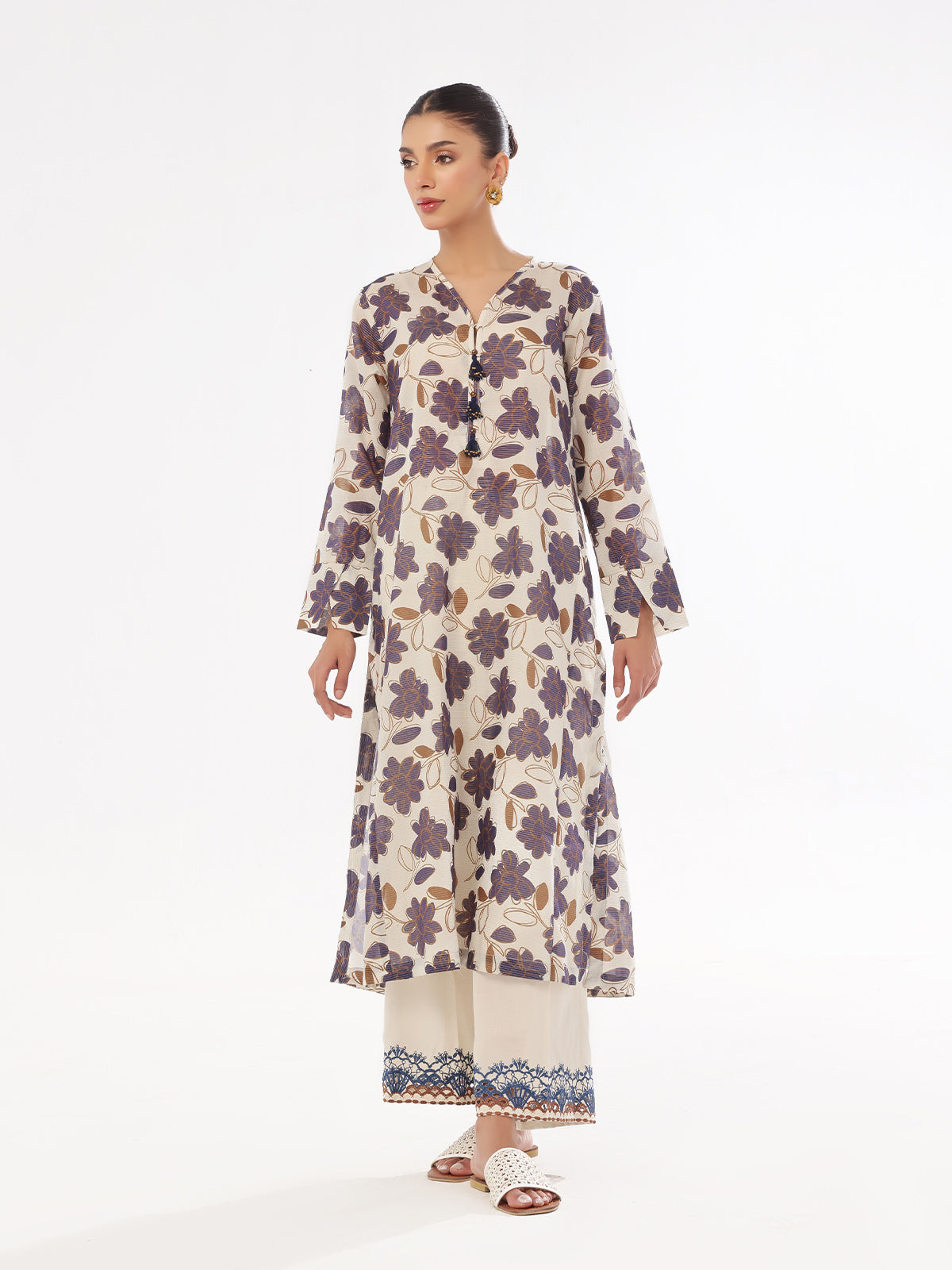 Oaks - Printed Pret Shirt Trouser Masoori Lawn Beige & Blue  - 2 Piece