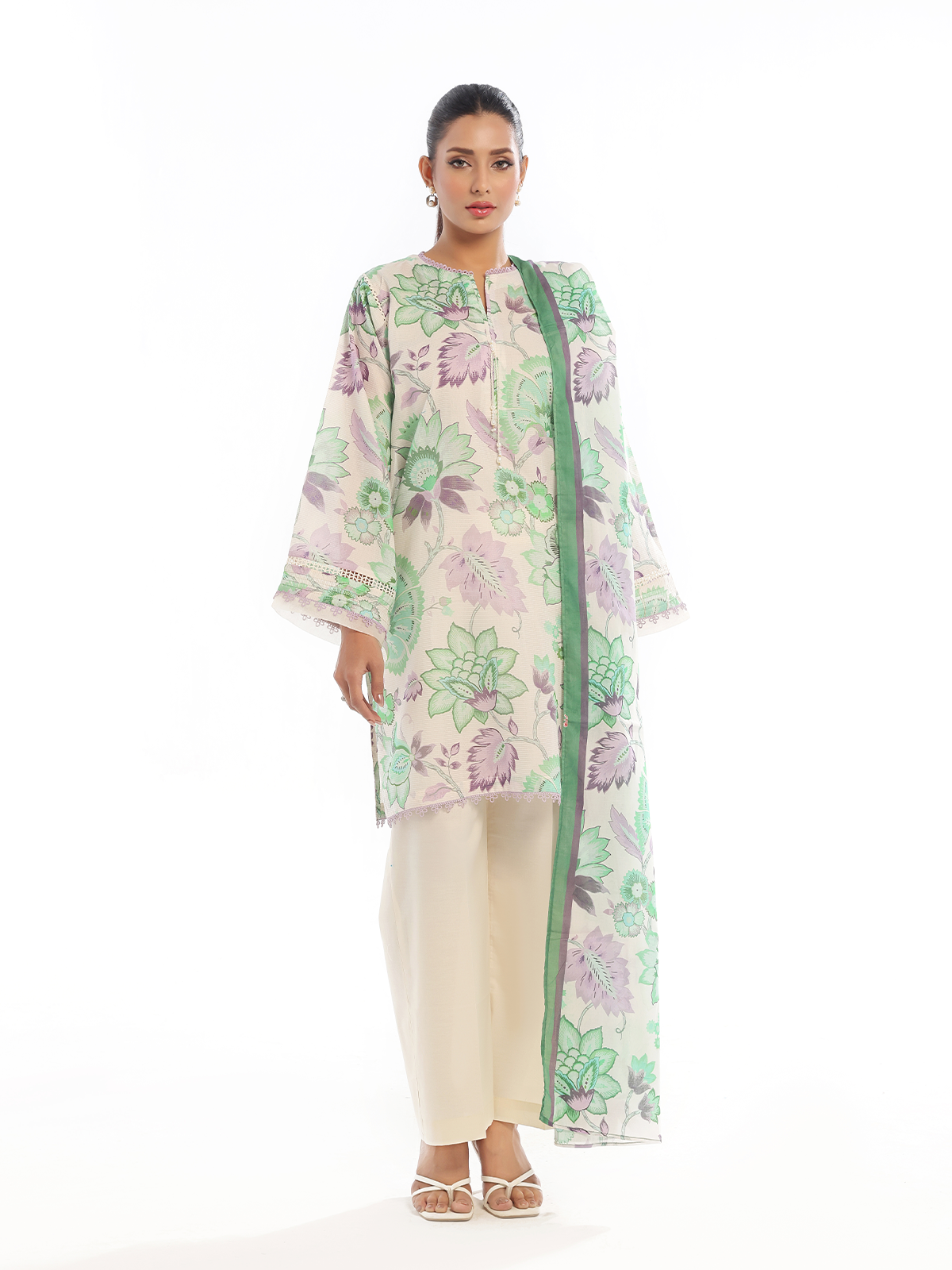 Oaks - Printed Unstitched Masoori Lawn Green  - 3 Piece