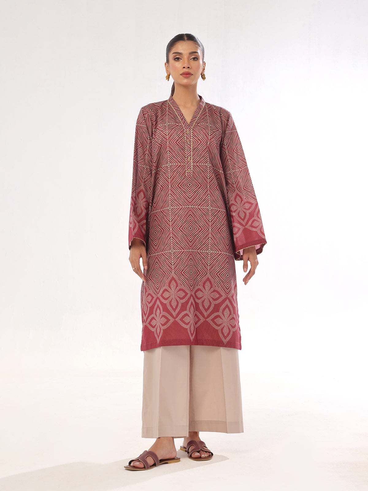 Oaks - Printed Pret & Unstitched Kurti Masoori Lawn Maroon - 1 Piece