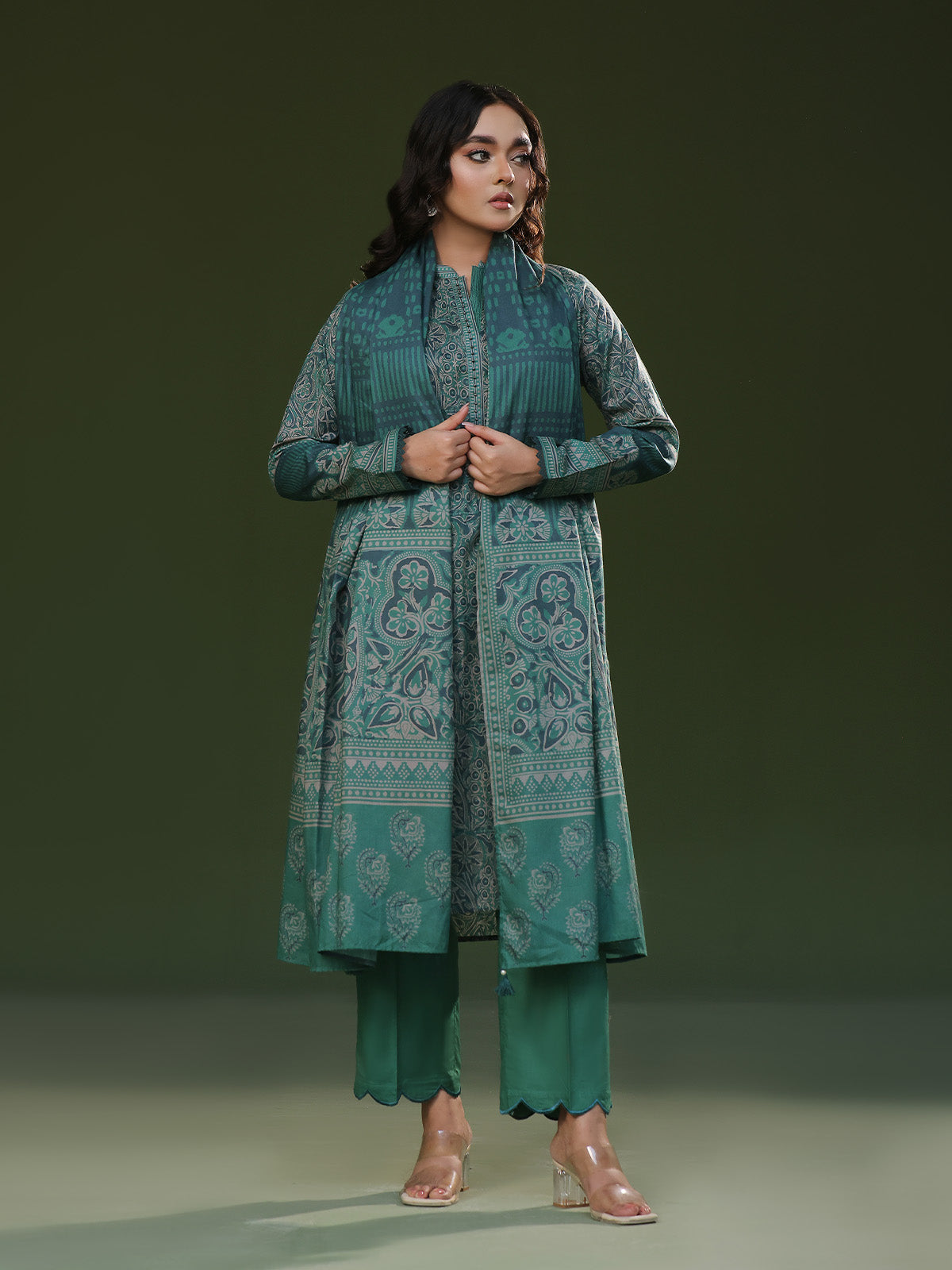 Oaks - Printed Unstitched Cambric Green  - 3 Piece