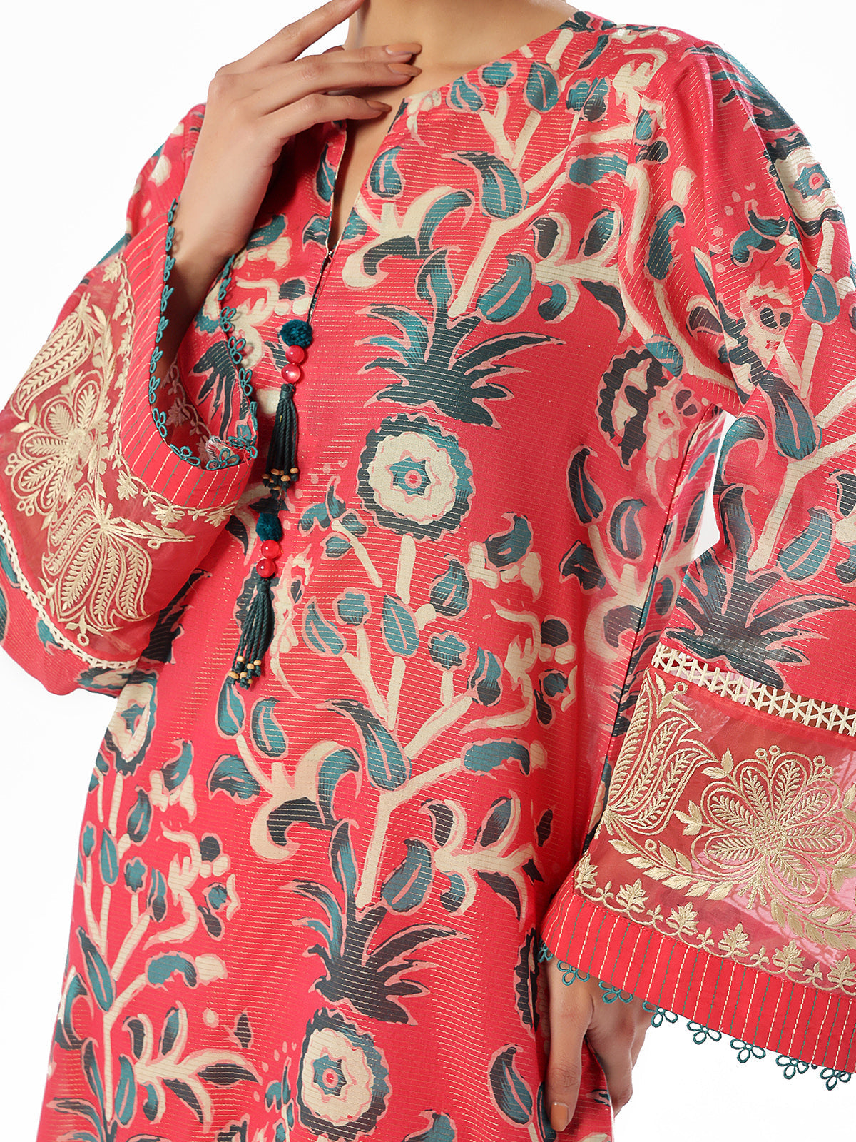 Oaks - Embroidered Pret & Unstitched Shirt Trouser Maisoori Lawn Pink & Red - 2 Piece