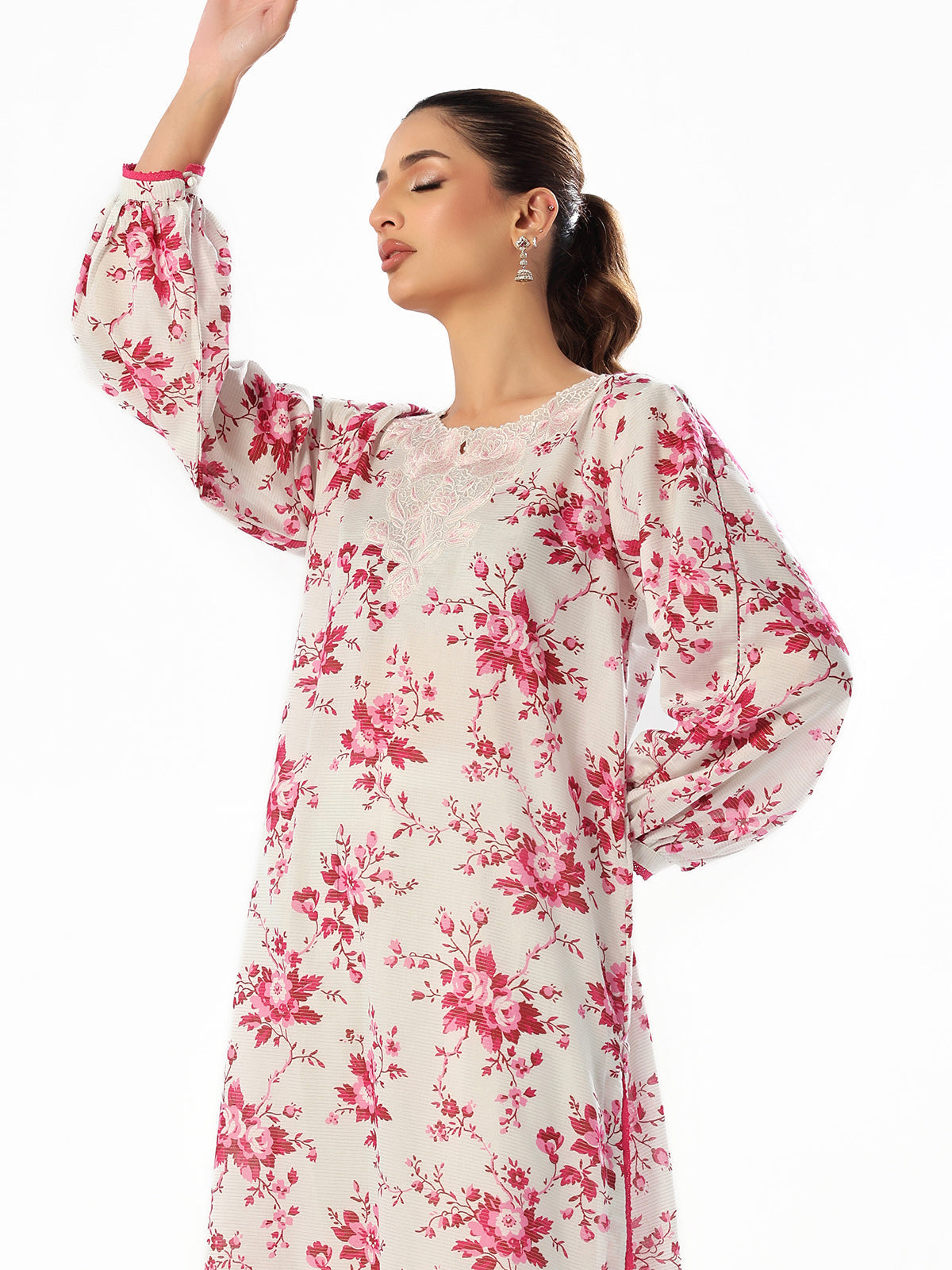 Oaks - Embroidered Pret & Unstitched Shirt Trouser Maisoori Lawn White & Pink - 2 Piece