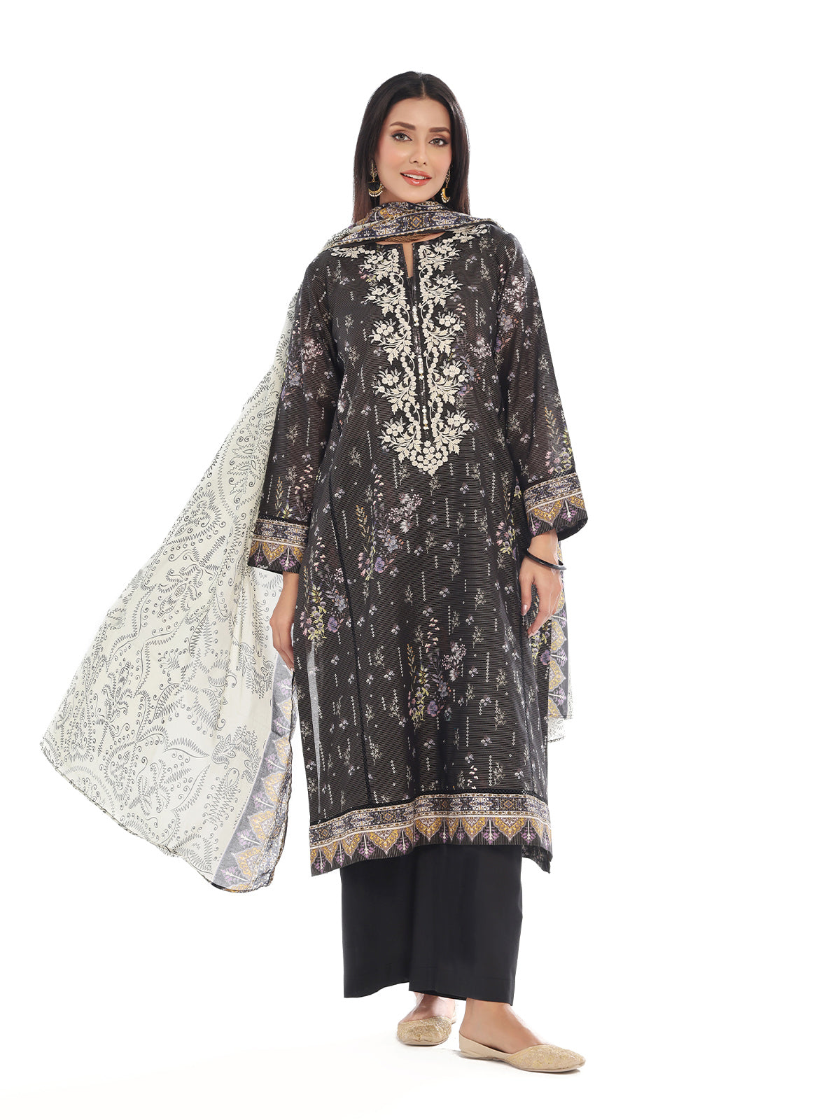 Oaks - Embroidered Pret Shirt Dupatta Masoori Lawn Black  - 2 Piece