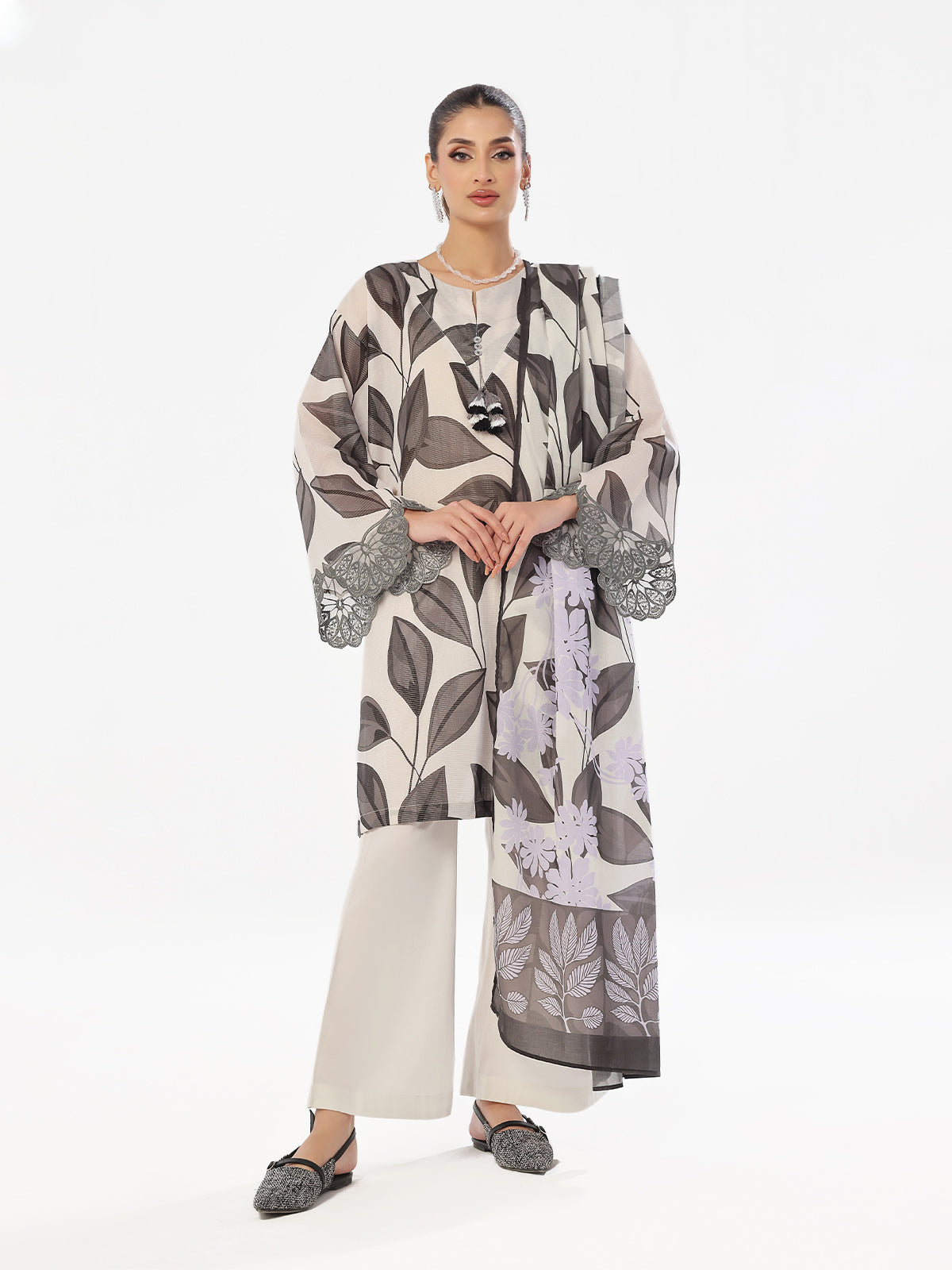 Oaks - Embroidered Pret & Unstitched Suit Masoori Lawn Black & Grey - 3 Piece