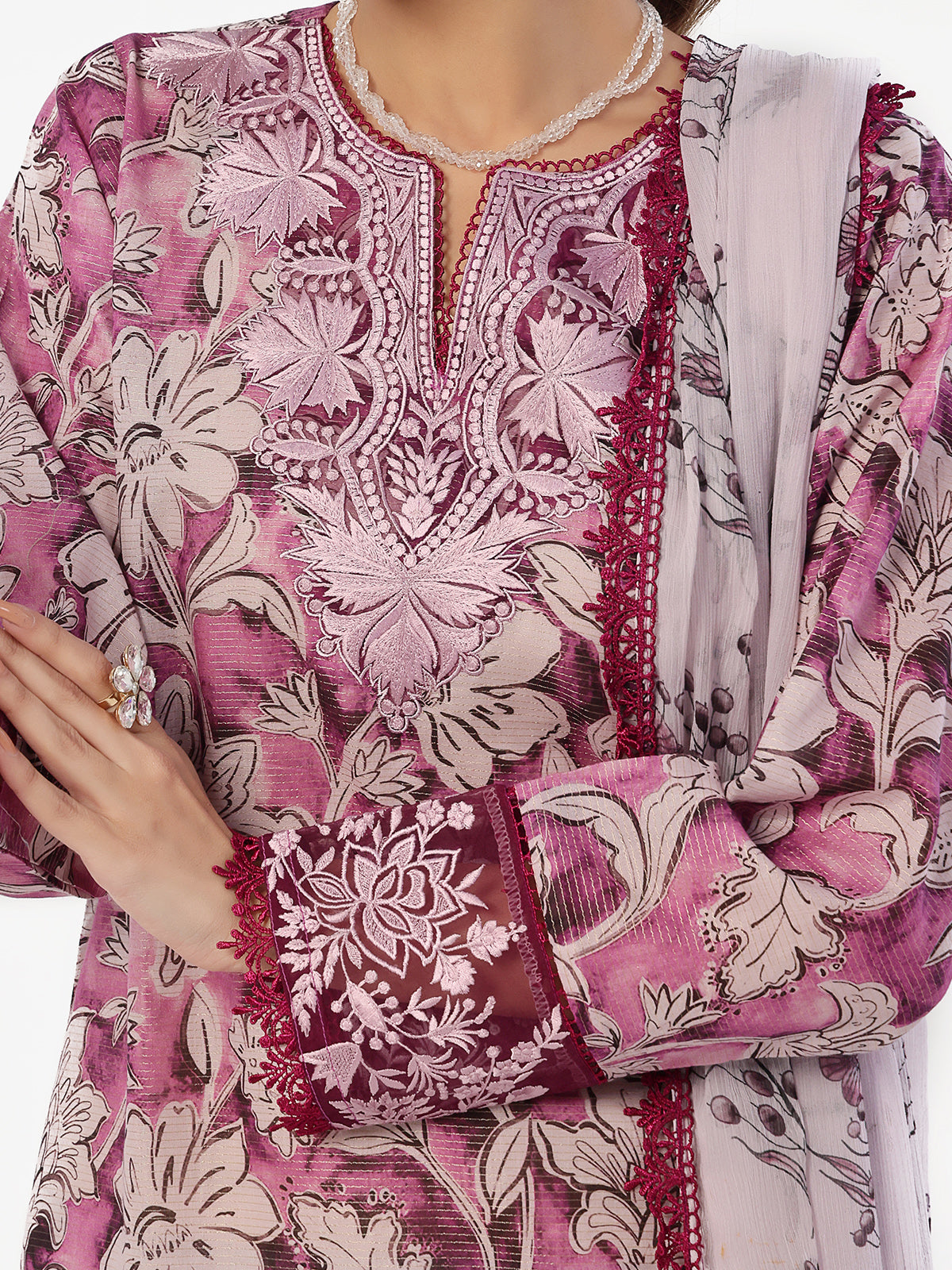 Oaks - Embroidered Pret & Unstitched Suit Masoori Lawn Magenta - 3 Piece