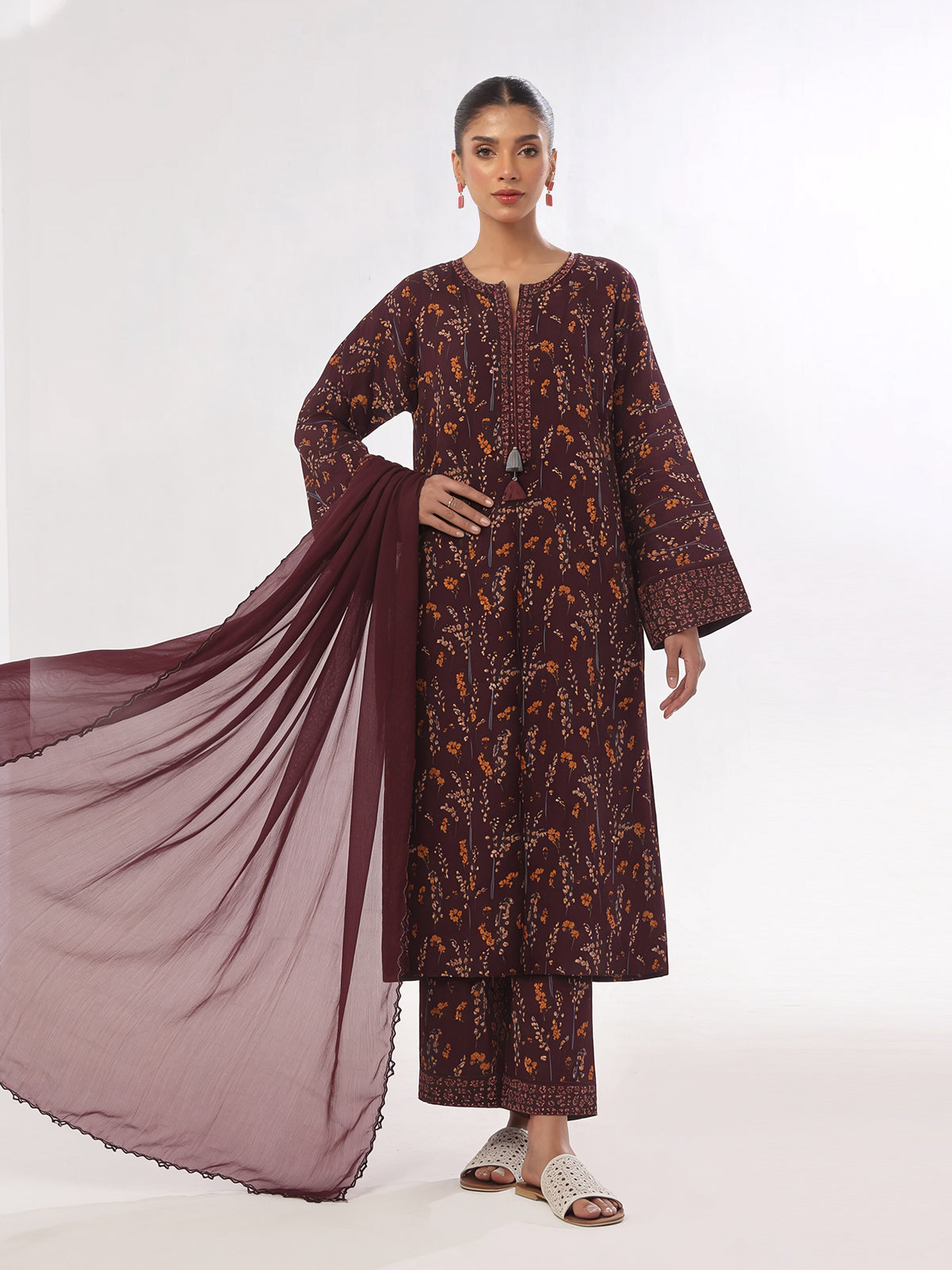 Oaks Printed Lawn Unstitched Maroon 3 Piece