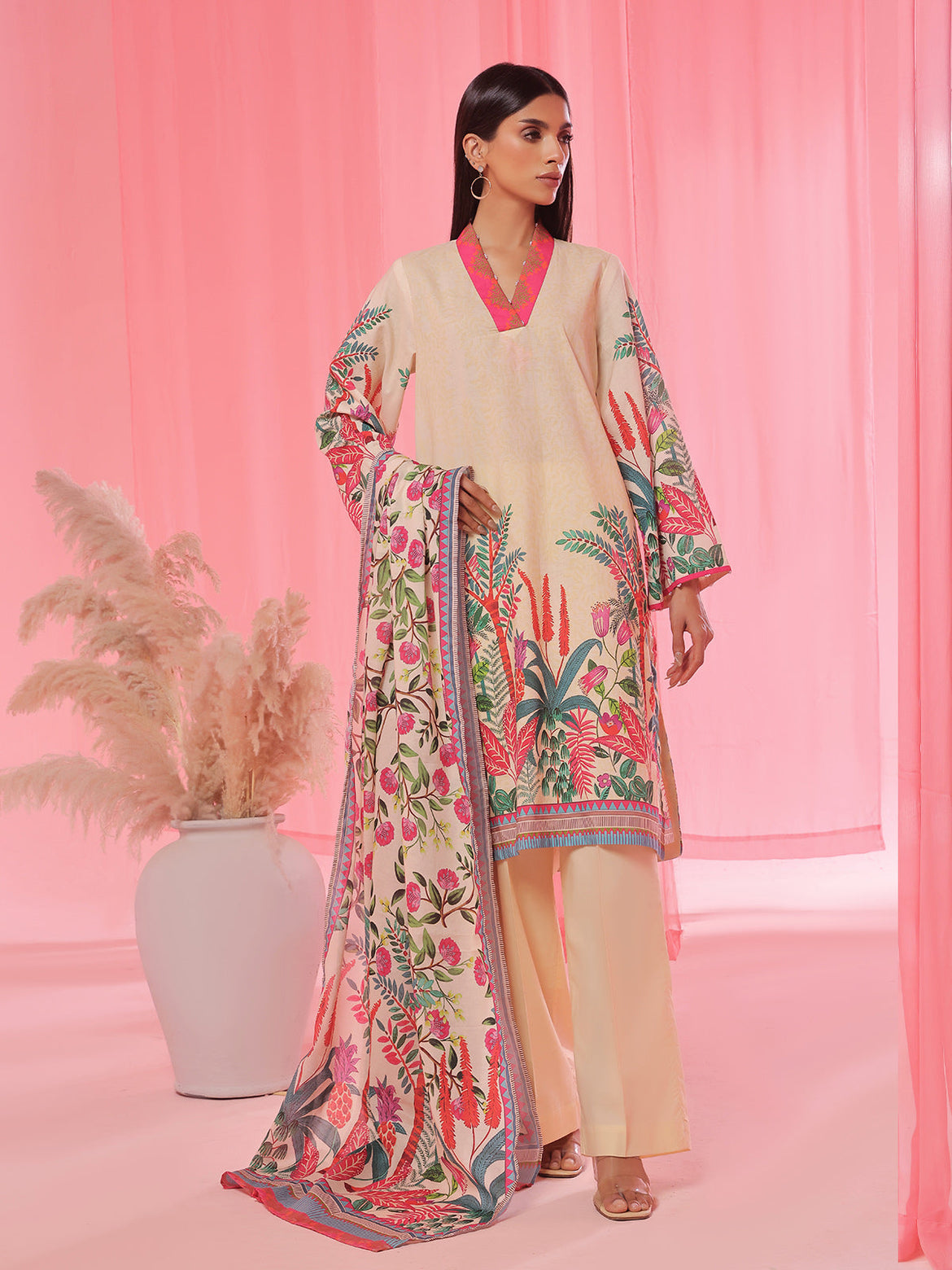 Oaks - Printed Pret & Unstitched Suit Lawn Beige - 3 Piece