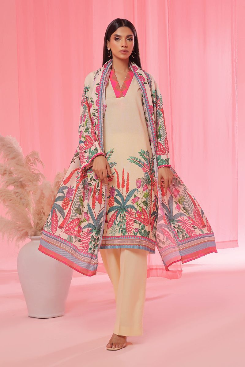 Oaks - Printed Pret & Unstitched Suit Lawn Beige - 3 Piece