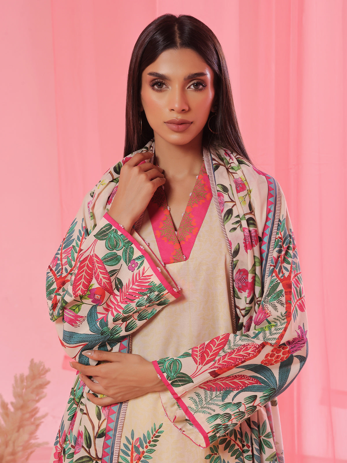 Oaks - Printed Pret & Unstitched Suit Lawn Beige - 3 Piece